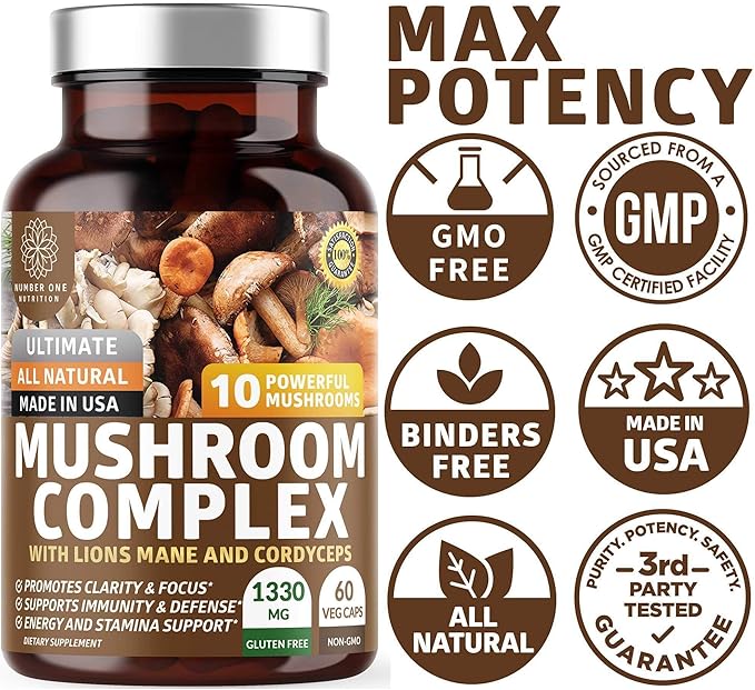 N1N Premium Mushroom Complex [10X Powerful Mushrooms] with Reishi, Lions Mane, Cordyceps, Chaga, Turkey Tail and Maitake to Support Health, Brain Functions and Energy Levels, 60 Veg Caps