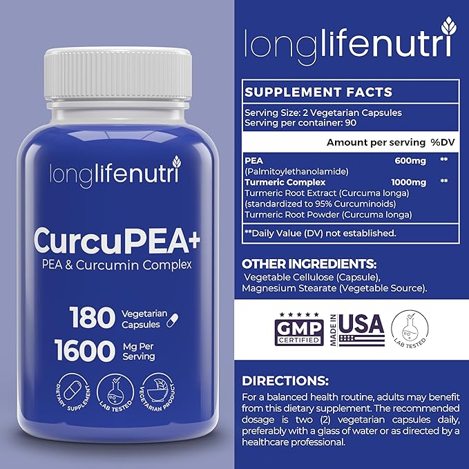 CurcuPEA+ (Palmitoylethanolamide + Turmeric Complex 600mg/1000mg) – Derived from Curcumin Longa, 180 Vegetarian Capsules, Natural Antioxidant, 3-Month Supply, GMP Certified, Vegan, Made in USA
