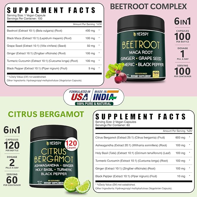 Bundle 6in1 Beet Root Capsules & 6in1 Citrus Bergamot Supplement - Support Restful Night, Heart, Digestion and Immune