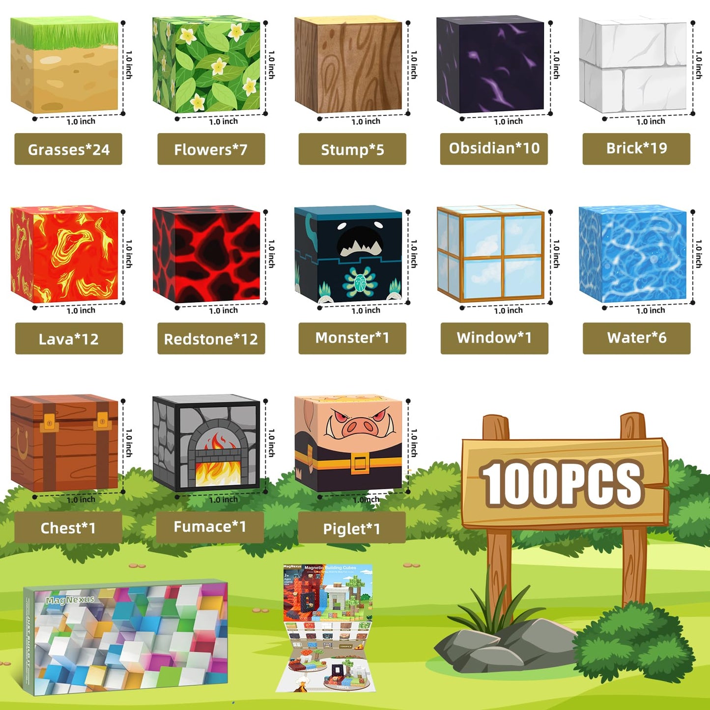 100PCS Magnetic Building Blocks [Upgrade 1 Inch/2.5cm] Building Block Toys for Kids Ages 3+, STEM Montessori Sensory Toys for Toddlers, Christmas Birthday Gift for Kids Ages 4 5 6 7 8 9