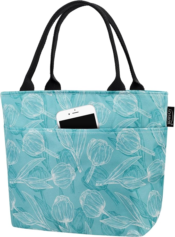 Aosbos Women's Reusable Lunch Bag - Leakproof Insulated Cooler Lunch Box Lunch Tote Meal Prep Container Lunch Cooler Bags, Green Tulip