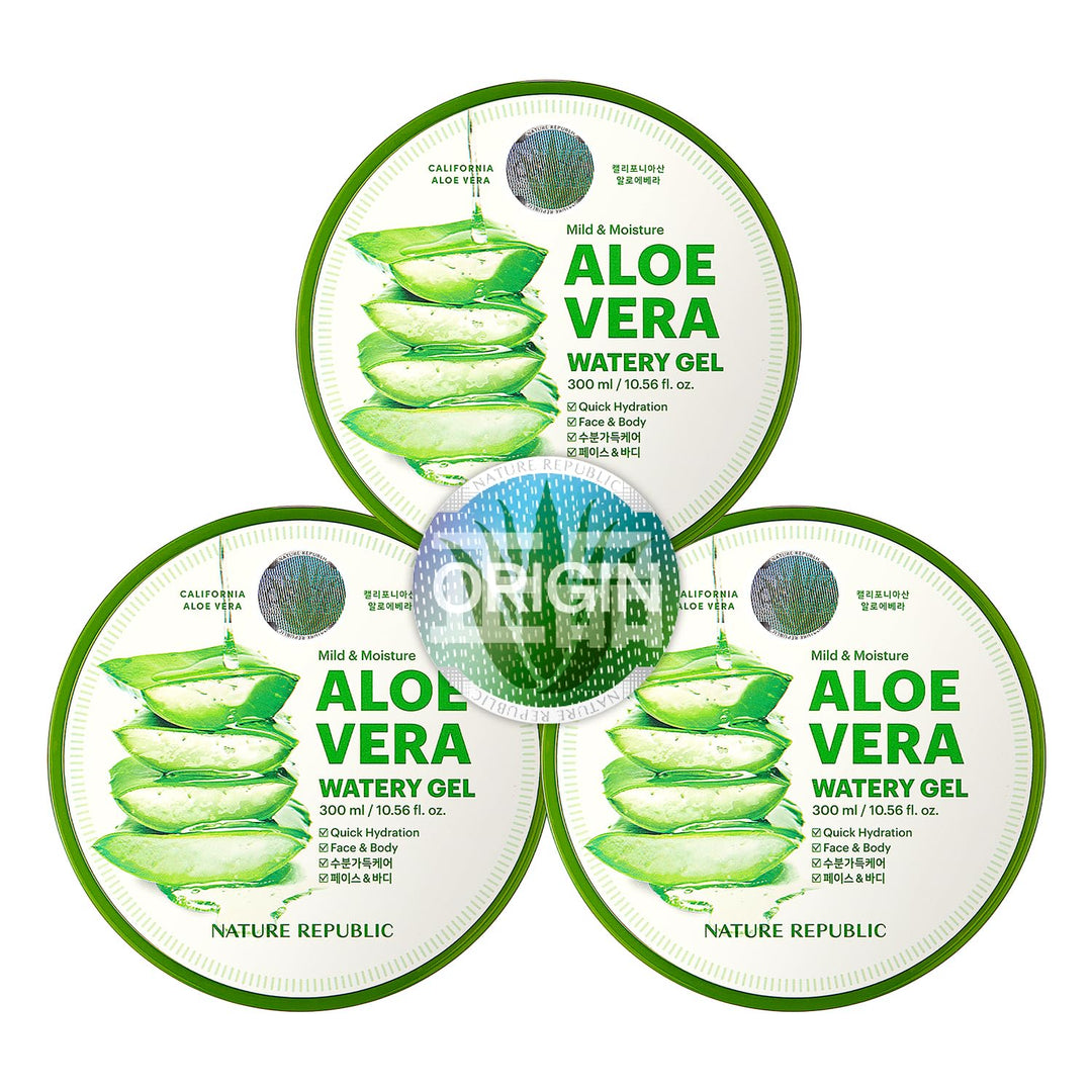 Nature Republic 3 PCS MILD & MOISTURE ALOE VERA WATERY GEL 10.56 fl. oz. Soothing Quick Hydration