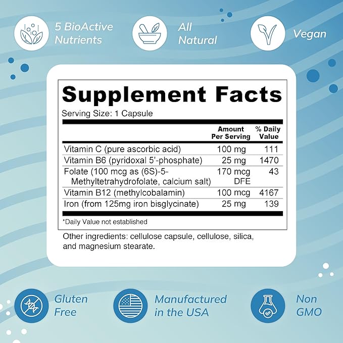 Blood Booster Iron Supplement for Energy and Fatigue - Gentle, Non-constipating Iron, Methylfolate and Other coenzyme B Vitamins (180 caps - Vegan, Gluten Free, Non-GMO)