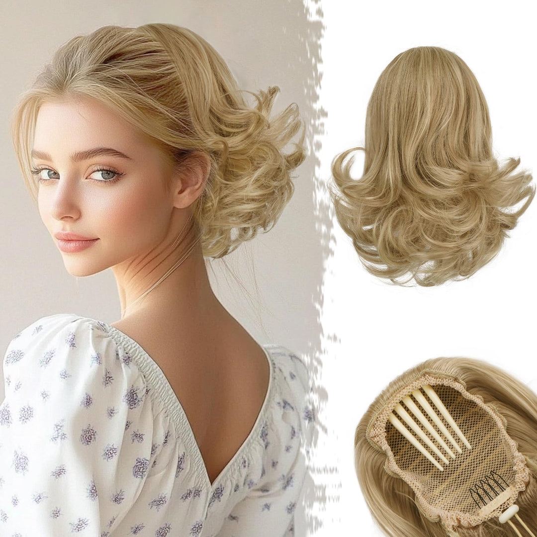 BARSDAR Short Drawstring Ponytail - 10 Inch Wavy Highlight Ponytail Hair Extensions for Women - Synthetic Comb Clip in Ponytail Hairpieces Fake Pony Tails - Golden Blonde with Highlights