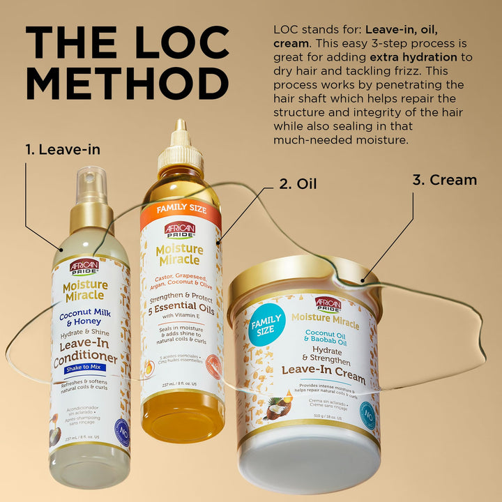 African Pride Moisture Miracle 5 Essential Hair Oils with Vitamin E | Moisture, Shine, Protection, and Growth | Argan, Castor, Grapeseed, Coconut, and Olive Oil | 8 oz