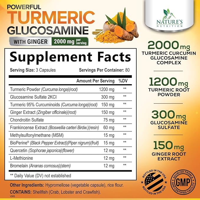 Turmeric Curcumin Supplement 2000mg with Glucosamine Chondroitin & Ginger, 95% Curcuminoids, BioPerine Black Pepper for Best Absorption, Nature's Joint Support, Non-GMO, Bottled in USA - 240 Capsules