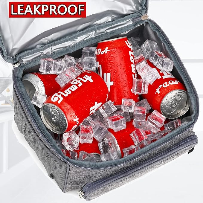 FlowFly Double Layer Cooler Insulated Lunch Bag Adult Lunch Box Large Tote Bag for Men, Women, With Adjustable Strap,Front Pocket and Dual Large Mesh Side Pockets