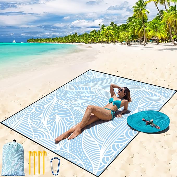 Beach Blanket Waterproof Sandproof Beach Mat 79" X 83" /10'x9'for 2-8 Adults Quick Drying Outdoor Picnic Mat Beach Accessories for Travel, Camping, Hiking