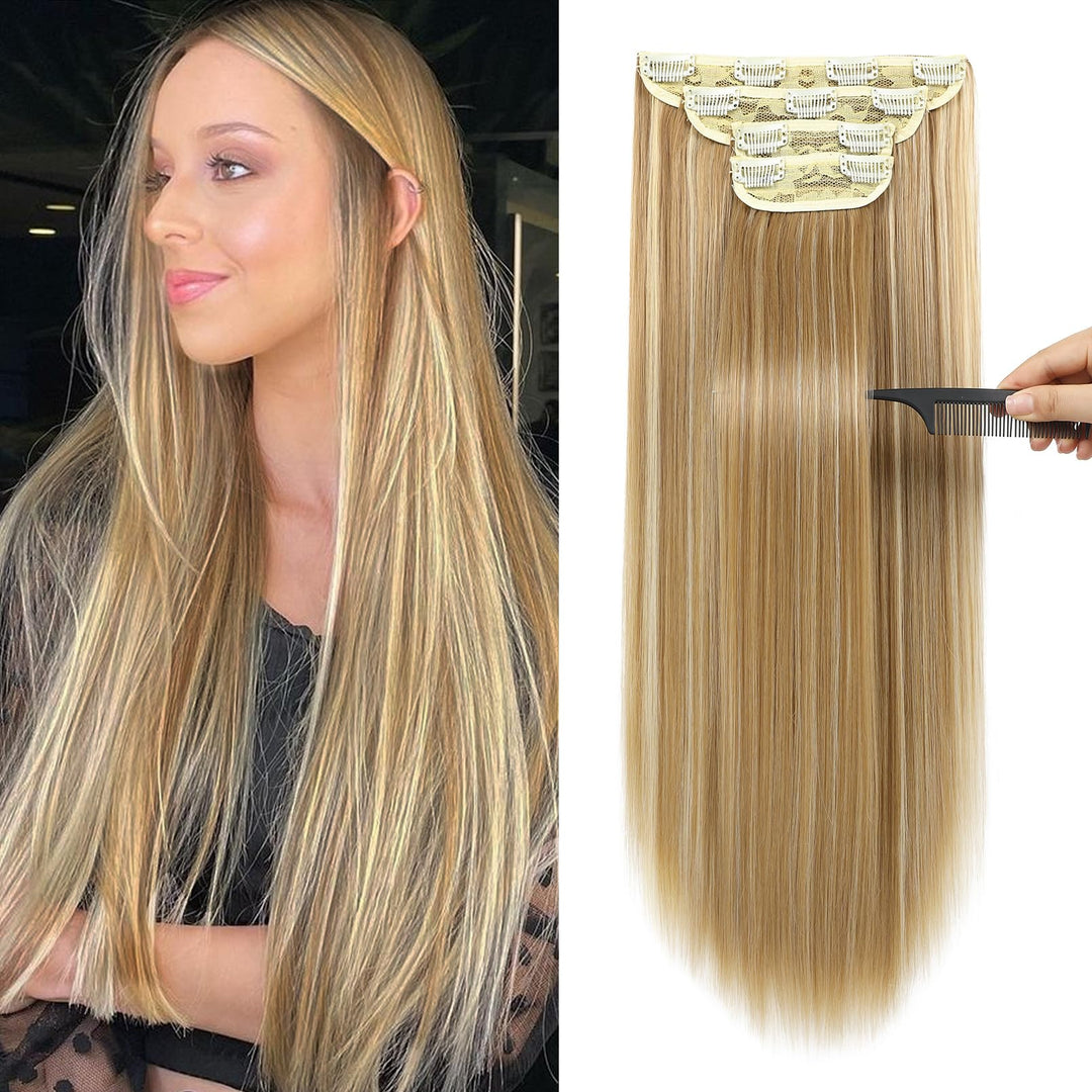 Reecho 20'' Straight Long 4 Pcs Set Thick Clip In On Hair Extensions Medium Blonde With Highlights