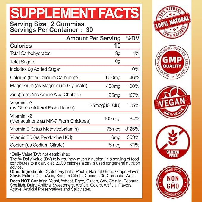 Calcium Magnesium Zinc Gummies with Vitamin D3 & K2 - High Absorption Magnesium Glycinate 400mg - Sugar Free Calcium Supplement - Support Nerve Muscle Mood & Immunity - for Adults Men Women Kids