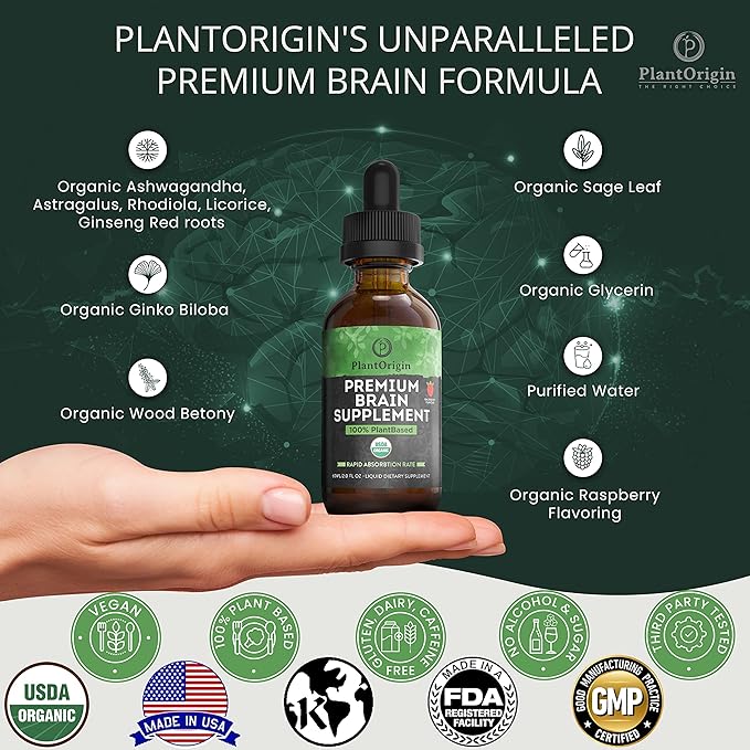 Premium Brain Nootropic Drops |Memory Focus & Concentration | Ashwagandha Ginseng & Ginkgo Biloba | USDA Organic Vegan & Non GMO | Gluten Free 30 Servings 2 OZ