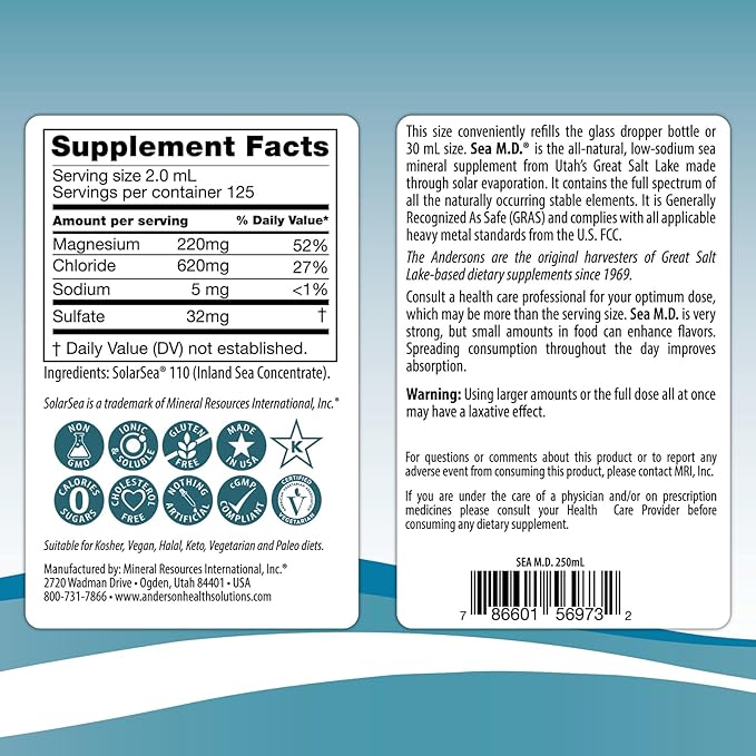 Anderson Sea M.D. Concentrated Trace Mineral Drops, Ionic Electrolyte Magnesium Supplement, Aids in Muscle Cramps, Joint Health, Liquid Magnesium, Easy to Take, 8.3 fl oz, 120 Servings