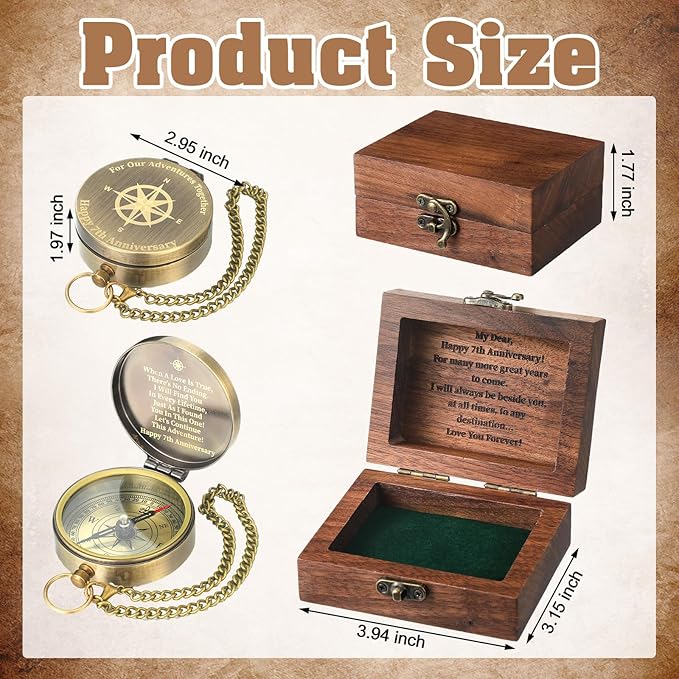 7 Year Anniversary Keepsake Gift for Him Her Engraving Quote Compass with Black Walnut Box 7th Anniversary Wedding Engagement Copper Gifts Couples Gifts for Men Women Husband Wife