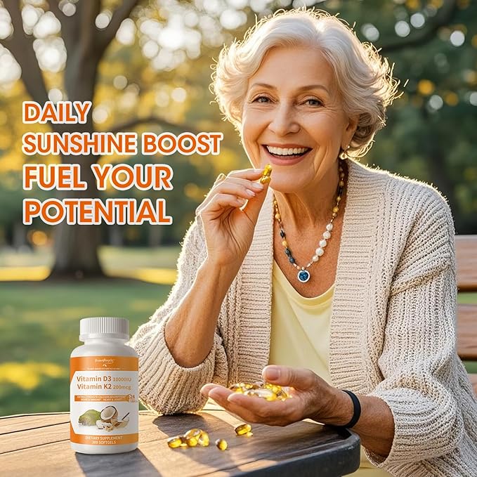 Vitamin D3 10,000 IU + K2 (MK-7) 200mcg w/Coconut Oil Softgels | 300-Count 2-in-1 Vegan vitamina d3 con k2 for Bone Health & Immune Support |Enhanced Absorption, Non-GMO, Easy to Swallow