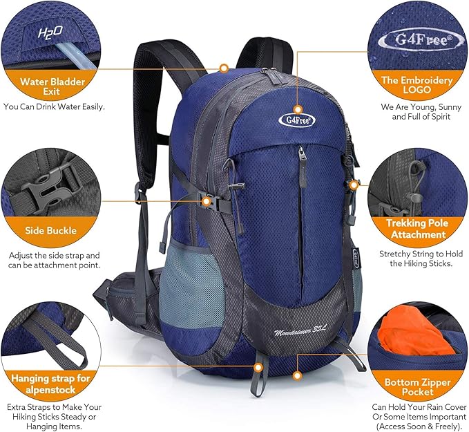 G4Free 35L Hiking Backpack Water Resistant Outdoor Sports Travel Daypack Lightweight with Rain Cover for Women Men (Dark Blue)
