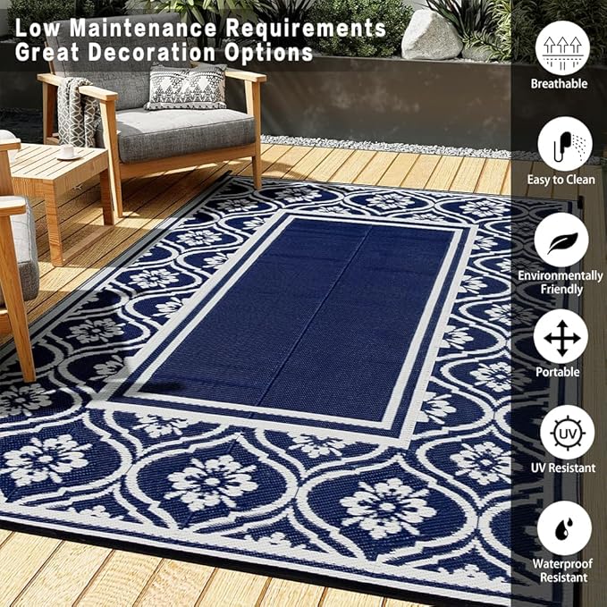 Outdoor Patio Rug 5'x8' Waterproof Outside Area Rugs Blue Reversible Plastic Straw Carpet for RV Deck Camping Entryance Porch Picnic Balcony Beach