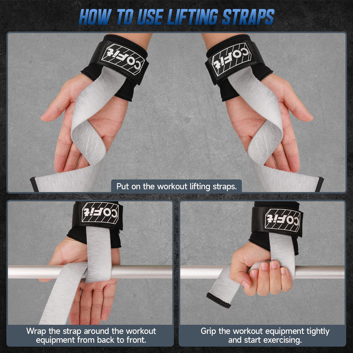 COFIT Workout Lifting Straps, Heavy Duty Weightlifting Wrist Straps with Extensive Cotton Padding Area, Enhanced Grip for Deadlifts, Powerlifting, Pull-Ups, Strength Training - White and Gray