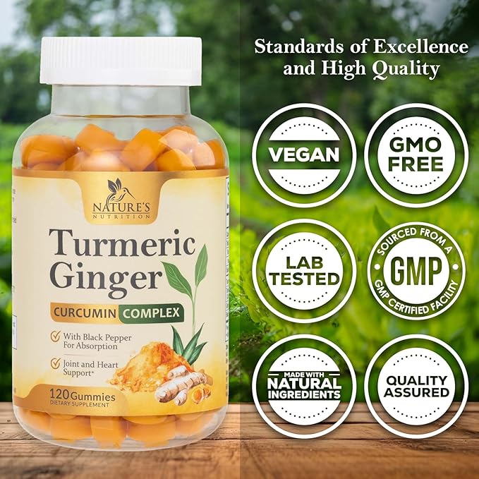 Turmeric Gummies with Black Pepper & Ginger for Best Absorption, 95% Curcuminoids Tumeric Curcumin Gummy, Nature's Herbal Extract Joint Support Supplement, Vegan Non-GMO, Peach Flavor - 120 Gummies