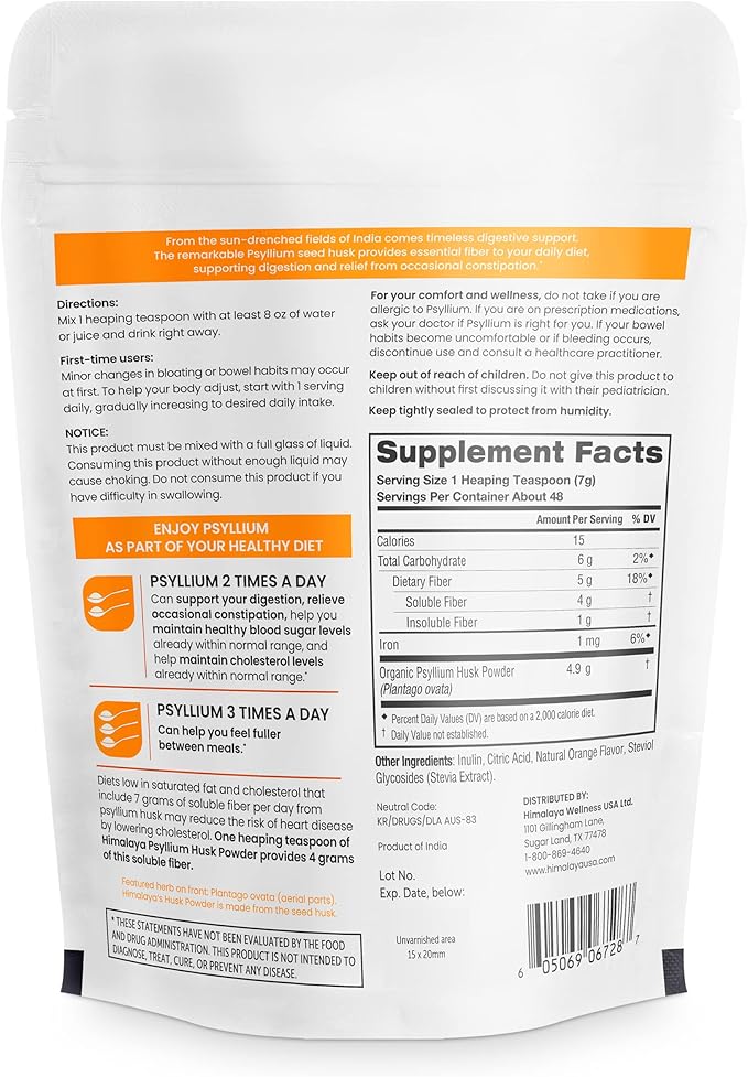 Himalaya Orange Psyllium Husk Powder, Daily Fiber Supplement for Regularity & Digestive Support, Sugar Free, Gluten Free, Vegan, No Artificial Colors, Easy-to-Mix,12 oz (340 g)
