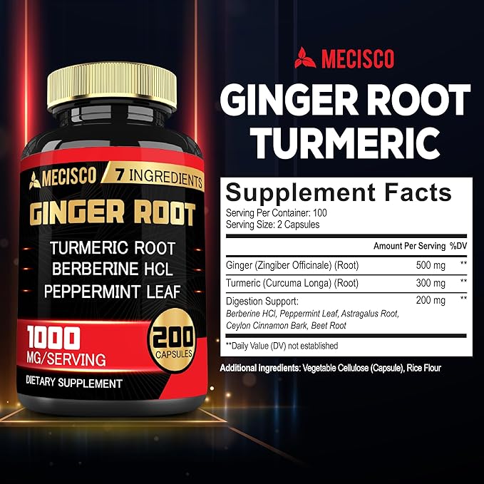 7-in-1 Ginger Root Supplement with Turmeric Curcumin, Berberine, Peppermint Leaf, Astragalus Root, Ceylon Cinnamon, Beet Root - 200 Capsules
