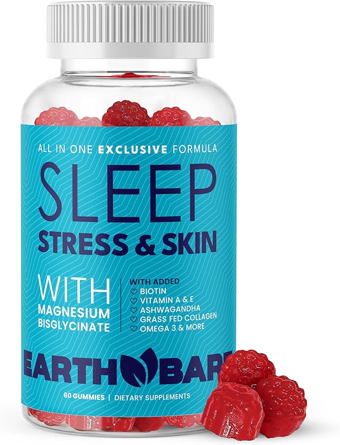 All in One Stress Skin Sleep Gummies w/Magnesium Glycinate, Grass Fed Collagen, Vitamin A, C, E & Zinc | Sleep & Glow Gummies for Adults | 60 Gummies