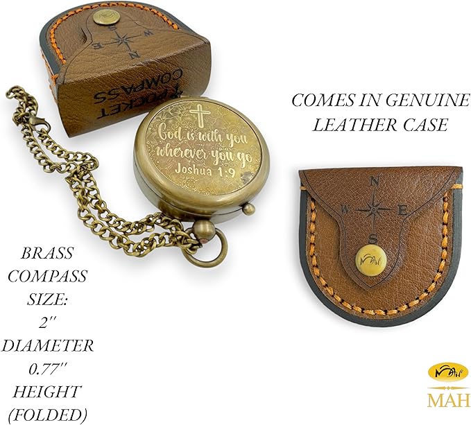 Handmade Religious Compass – “God is with You” Engraved Working Brass Gift – Christian Baptism, Confirmation, Christening or First Communion Keepsake for Boys, Teens & Men – Guided by Faith