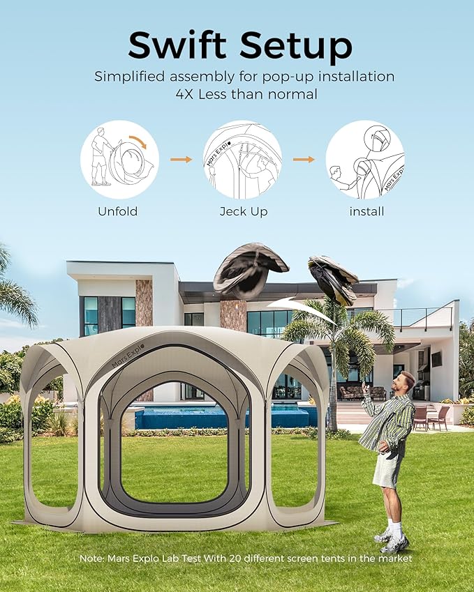 12x12 FT Pop-Up Screen Tent, Portable Screen Room Canopy with Zipper Doors for Patio, Backyard, Deck & Outdoor Activities, Beige