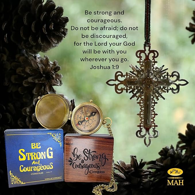 Bible Verse Brass Compass – “Be Strong and Courageous” (Joshua 1:9) | Christian Gift for Graduation, Baptism, Confirmation – Religious Keepsake for Boys, Girls, Teens, Men, Pastors & Church Events