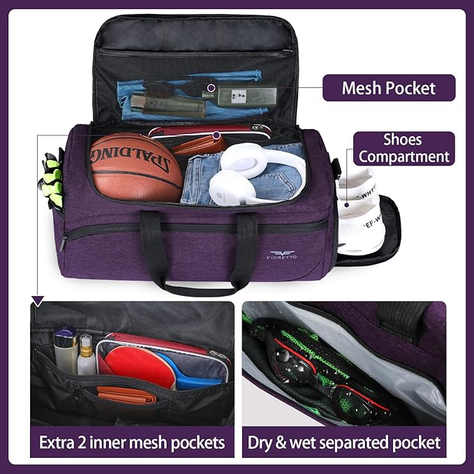 FIORETTO 35L Mens Sports Gym Duffle Bag with Wet Pocket & Shoe Compartment, Overnight Weekender Bag with Padded Shoulder Strap, Ideal for Travel, Gym, Sports, Swimming, Purple