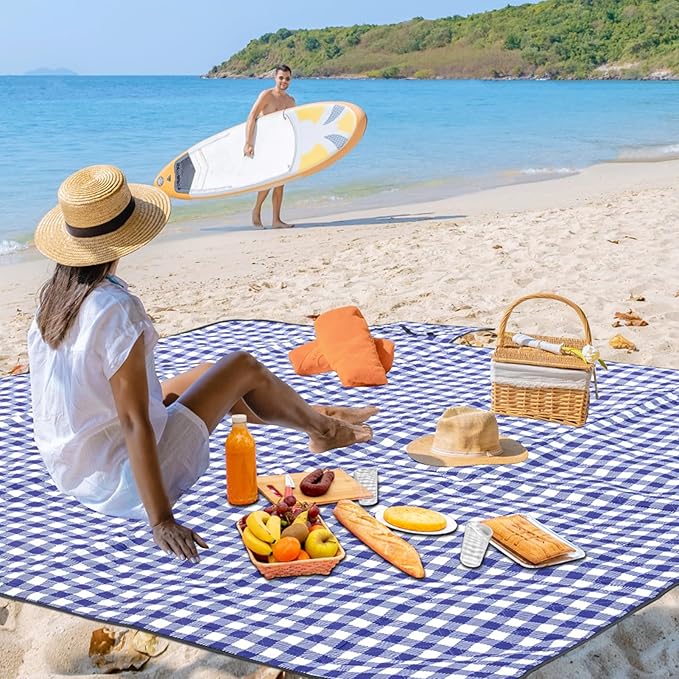 Picnic Blankets Outdoor Blanket Waterproof, 80''x80'' Extra Large Beach Blanket Sandproof Foldable Machine Washable, Vintage Gingham Picnic Mat Grass Lawn Park Family Camping Party Music Festival