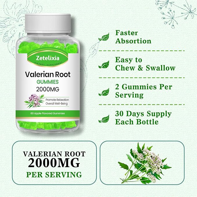 Organic Valerian Root Gummies, Herbal Supplement for Relaxation & Mood Support, Sleep Gummies Without Melatonin for Adults, Vegan, Non-GMO, Apple Flavor, 60 Count
