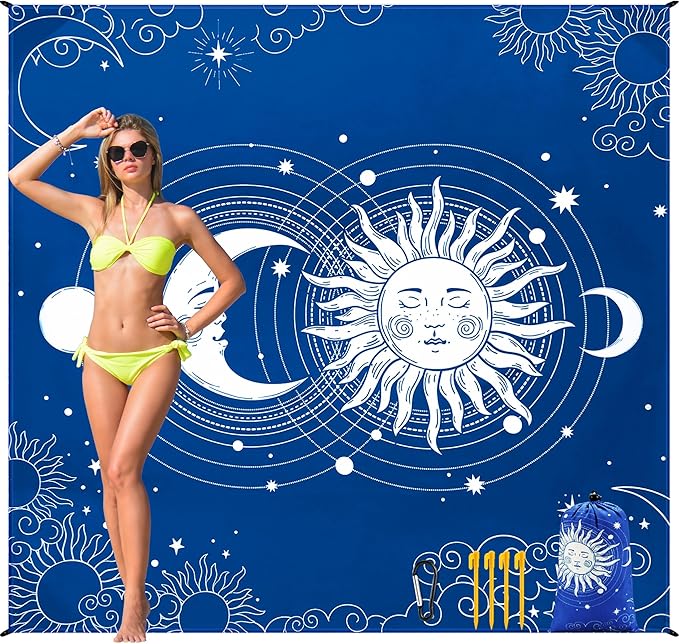 Beach Blanket, Wateresistant Sandproof Sand Free Beach Mat with Corner Pockets Portable Bag for Beach Festival,Picnic,Travel and Outdoor Camping Activties (BL-SUNMOON, 79"×83"(4 Person))