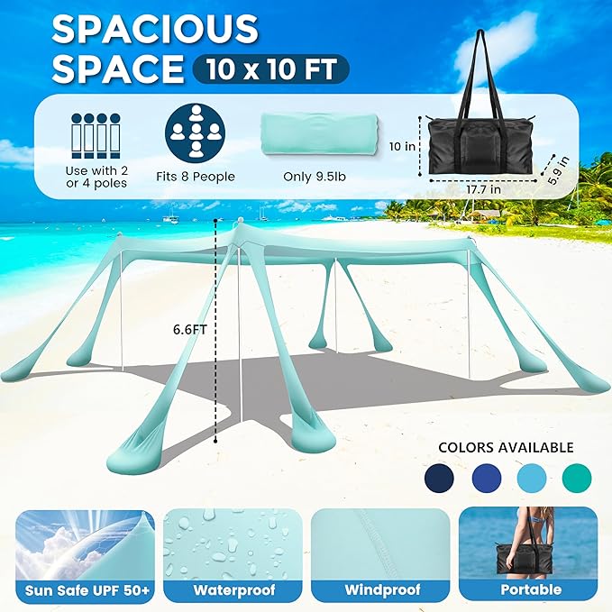 Beach Canopy Beach Tent Pop Up Shade 10x10ft Sun Shelter UPF50+ with 8 Sandbags-2 Sand Shovel-4 Aluminum Poles-Ground Pegs-Portable Carrying Bag for Outdoor Family Camping Fishing Yard Picnic
