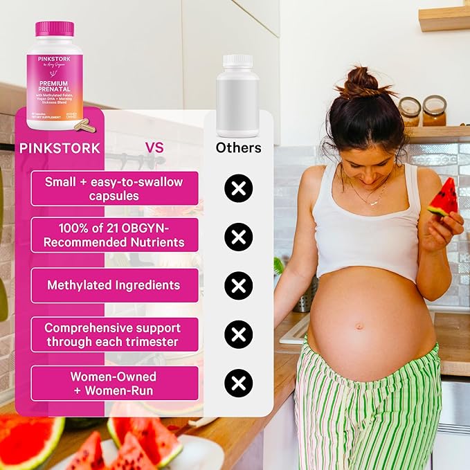 Pink Stork Premium Prenatal Vitamin for Women - Organic Whole-Food Ingredients, Multivitamin & Probiotics - Morning Sickness, Digestion, & Energy - Folate, B6, & Iron - 60 Capsules