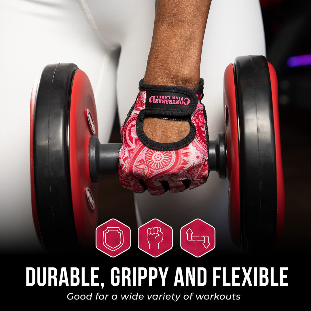Contraband Pink Label 5387 Womens Design Series Paisley Print Lifting & Rowing Gloves (Pair) - Lightweight Vegan Medium Padded Microfiber Amara Leather w/Griplock Silicone (Pink, X-Small)