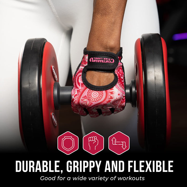Contraband Pink Label 5387 Womens Design Series Paisley Print Lifting & Rowing Gloves (Pair) - Lightweight Vegan Medium Padded Microfiber Amara Leather w/Griplock Silicone (Pink, X-Small)