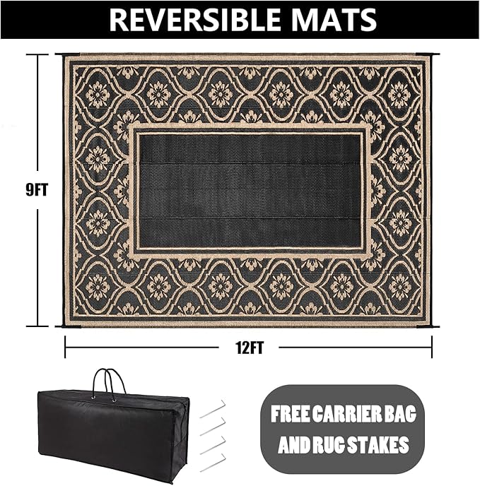 Outdoor Rug 9x12 Patio Waterproof Mat Camping Carpet Outside Area Rug Reversible Brown Rugs for RV Deck Entryance Porch Picnic Balcony Beach
