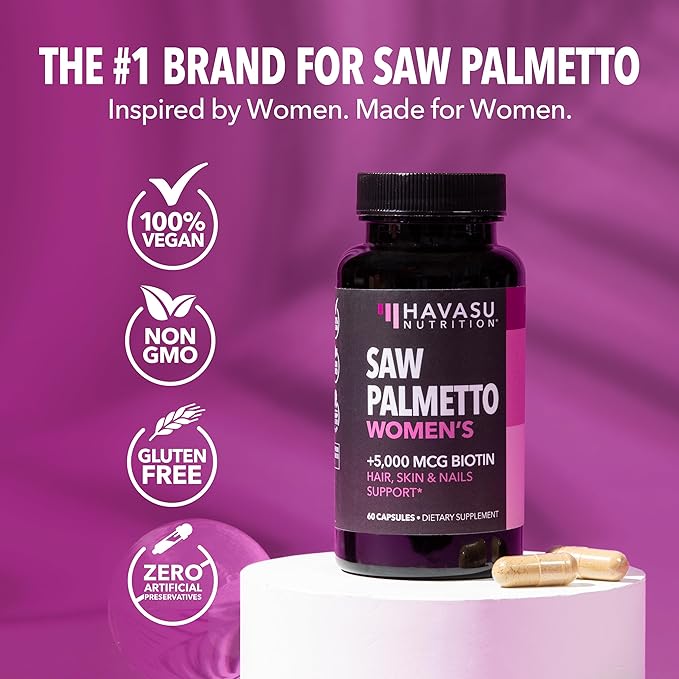 Saw Palmetto for Women with Biotin 5000mcg - Powerful DHT Blocker to Support Hair, Skin, and Nail Health - 120 Count - Vegan, Non-GMO Vitamin for Stronger, Fuller Looking Locks - 2 Month Supply