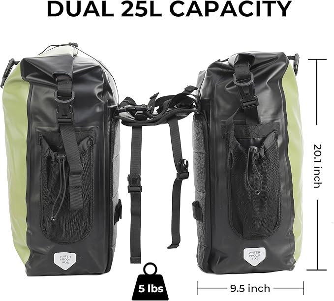 Waterproof Bike Panniers - 50L Saddle Bags for Bicycles Rear Rack - Bike Bag for Grocery, Laptop (Green, 1 Pair)