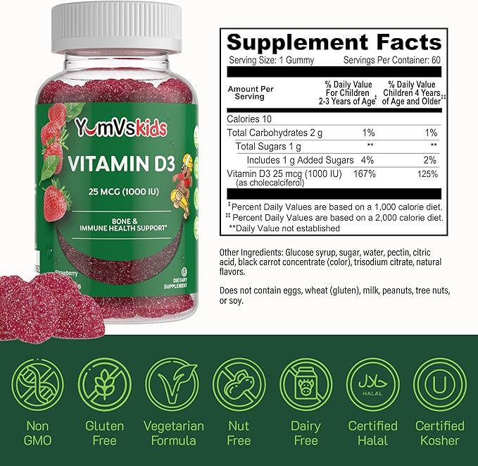 YUM-V's Chewable Vitamin D Gummies for Kids - Vitamin D 1000 IU - Vitamin D3 Gummies - Kids Vit D3 Dietary Supplements - Children's Vitamin D3 1000IU - Bone Health & Immune Support (60 Count)