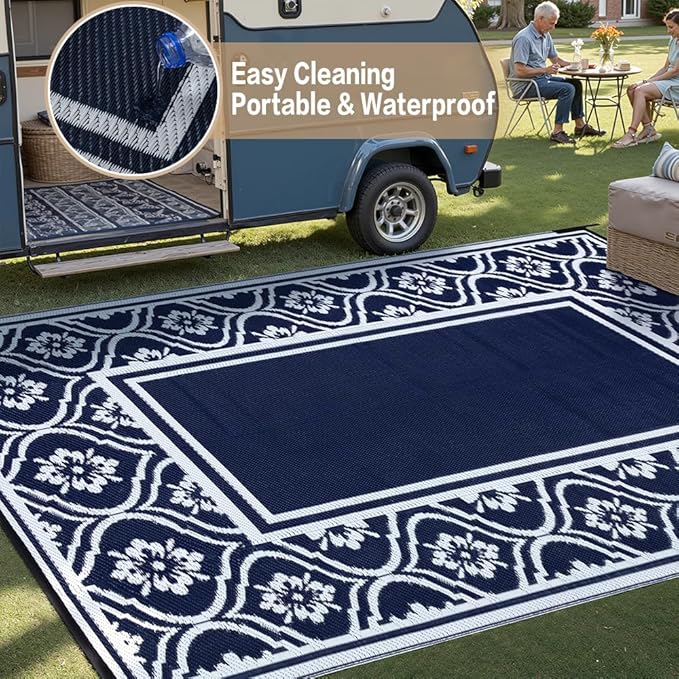 Outdoor Patio Rug 5'x8' Waterproof Outside Area Rugs Blue Reversible Plastic Straw Carpet for RV Deck Camping Entryance Porch Picnic Balcony Beach