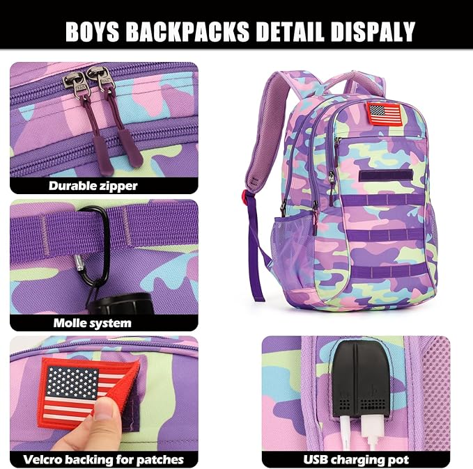 4land Camo Backpack for Boys,Army Boys Backpacks for Elementary Middle School Military,Camouflage Bookbag 40L