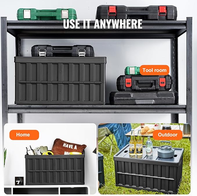 VEVOR 65L Collapsible Storage Bins with Lids 3 Packs, Stackable Utility Crates with Handles, Large Folding Containers for Organizing Tools, Books, Food, Drinks, Camping&Transport