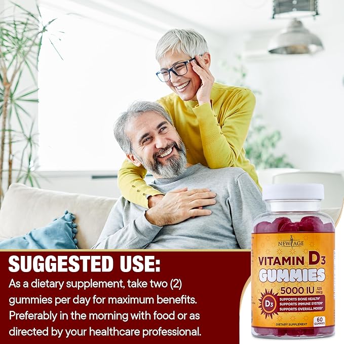 NEW AGE Vitamin D3 5000 IU 125mcg Gummies - Support Immune Support, Strong Bone Health - Non-GMO, Gluten-Free, Dairy-Free, No Gelatin (180 Gummies (Pack of 3))