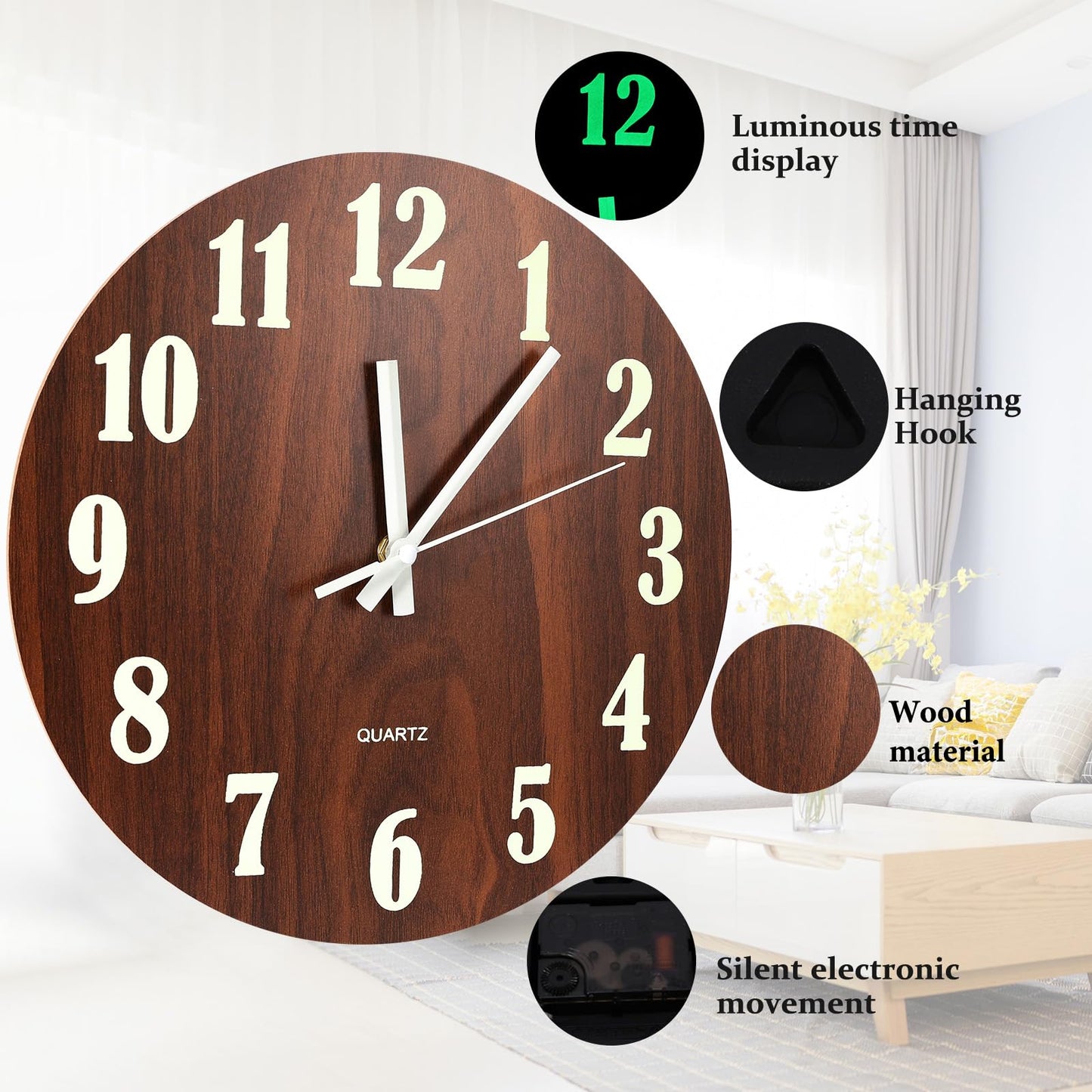 BTBHIHO 12''Luminous Wall Clock, Wooden Silent Wall Clocks Non Ticking, Battery Operated Glow in The Dark Clock, Home Wall Watch for Living Room Kitchen Decoration Bedroom Study Office