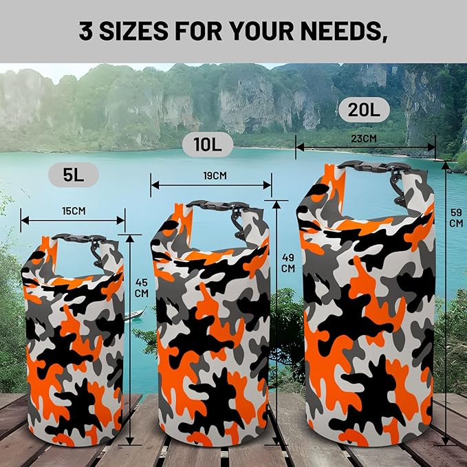 Waterproof Dry Bag,Roll Top Orange Camouflage Waterproof Backpack 5L/10L/20L Floating and Lightweight Bags for Kayaking, Boating, Fishing, Swimming and Camping with Waterproof Phone Case