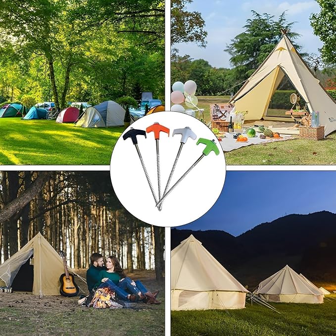 8" Screw in Tent Stakes - Ground Anchors Screw in, New Metal Threaded Tent Spikes, Screw in Tent Stakes Heavy Duty, Tent Stakes for Outdoor Camping (4 PCS)