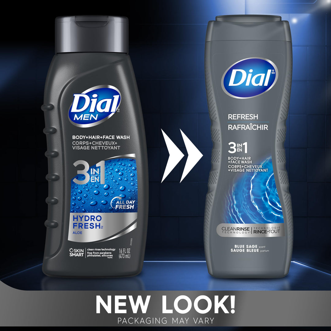 Dial Men 3in1 Body, Hair and Face Wash, Hydro Fresh, 16 fl oz, Pack of 6