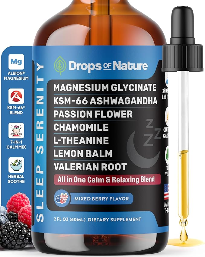 Magnesium Glycinate & Ashwagandha Liquid Drops with Valerian Root, Chamomile, Passion Flower, Lemon Balm & L-Theanine - Vegan Fast Absorption - Supplement for Wellness & Relaxation (Mixed Berry, 60mL)