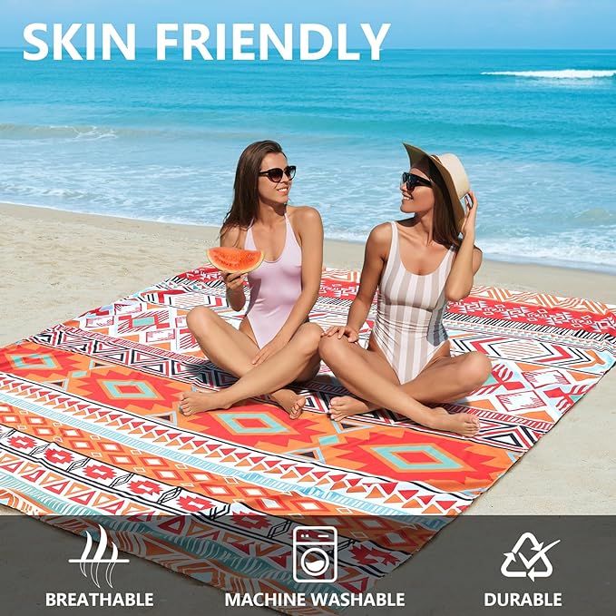 Beach Blanket, Sandproof Beach Mat, Waterproof Quick Drying Lightweight Outdoor Aztec Picnic Mat 79" X 83"/120"x108" for 2-8 Adults for Travel, Camping, Hiking